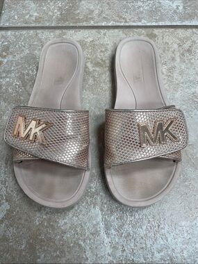 Michael Kors Rose Gold MK Logo Slide Sandals